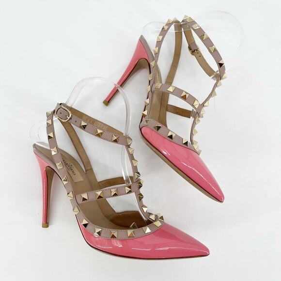 Valentino Garavani Rose Pink Patent Rockstud Ankle Strap Caged Pumps EU 38.5 - Picture 3 of 14